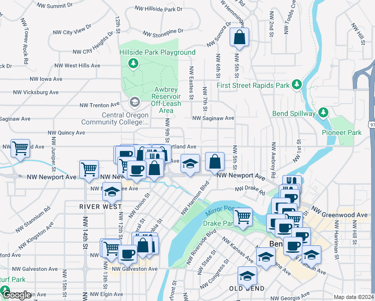 map of restaurants, bars, coffee shops, grocery stores, and more near 757 Northwest Portland Avenue in Bend