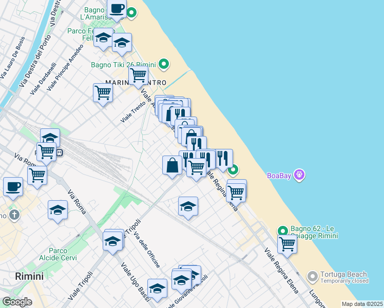 map of restaurants, bars, coffee shops, grocery stores, and more near 135 Viale Amerigo Vespucci in Rimini