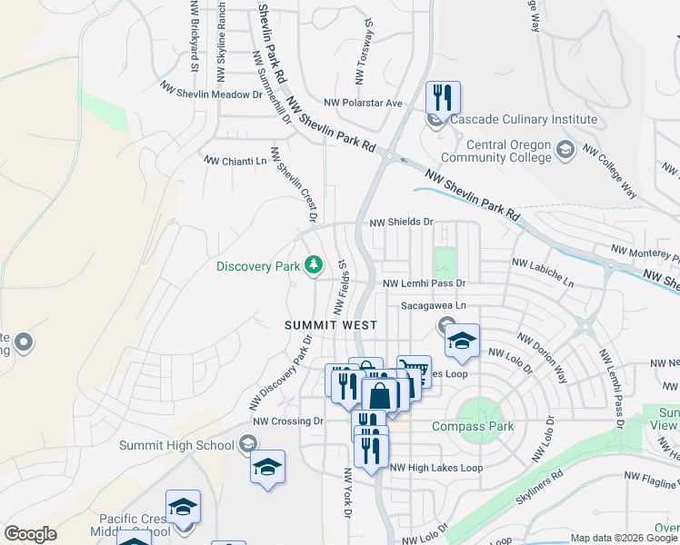 map of restaurants, bars, coffee shops, grocery stores, and more near 1787 Northwest Fields Street in Bend
