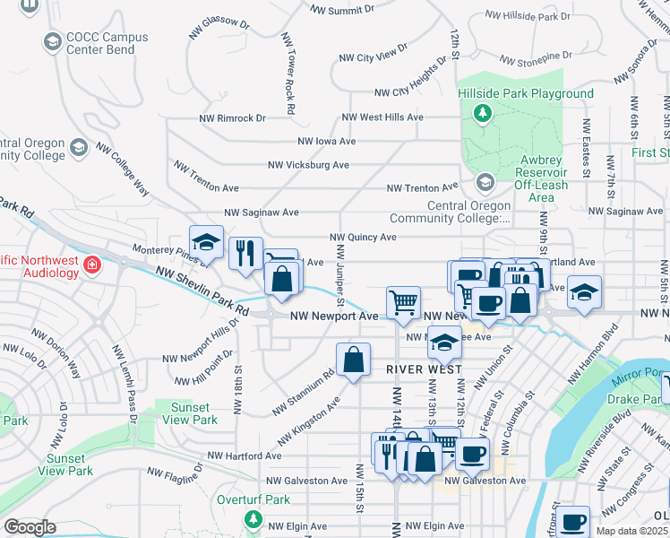 map of restaurants, bars, coffee shops, grocery stores, and more near 1545 Northwest Juniper Street in Bend