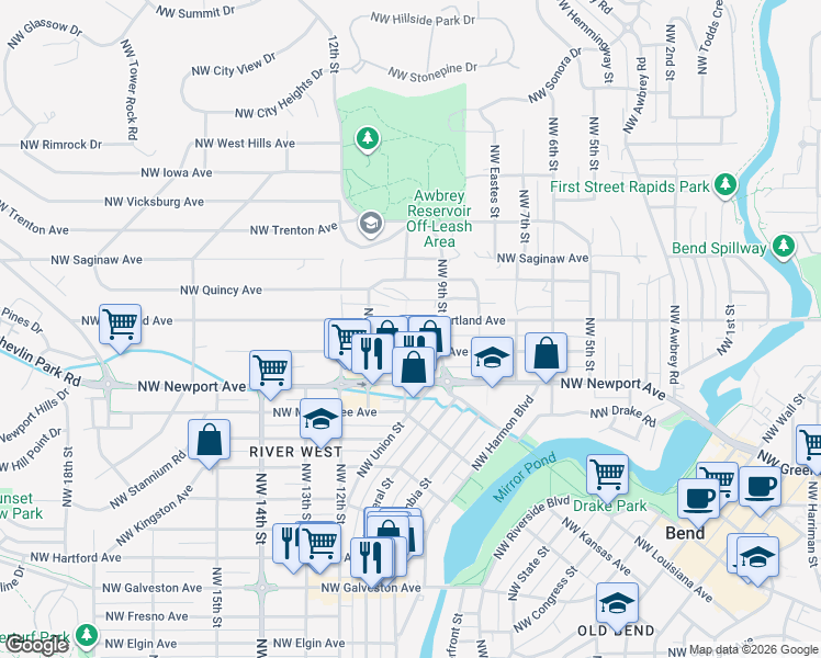 map of restaurants, bars, coffee shops, grocery stores, and more near 1534 Northwest 10th Street in Bend