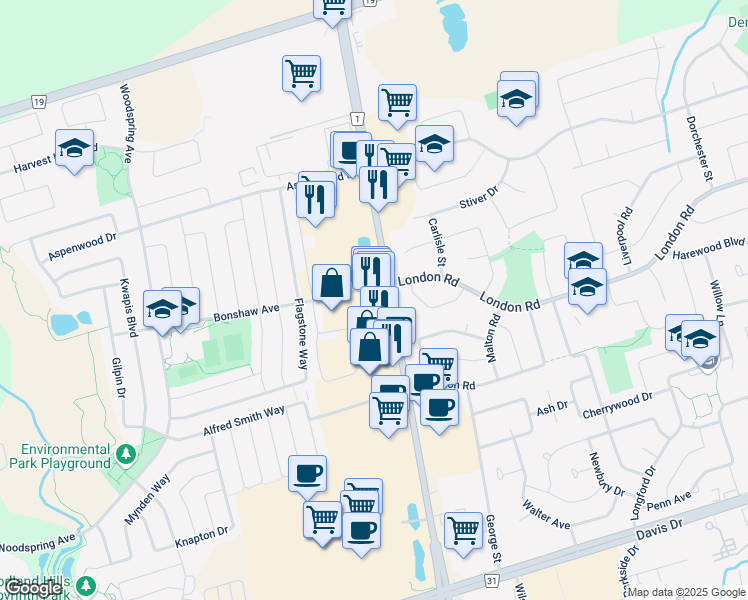map of restaurants, bars, coffee shops, grocery stores, and more near 17906 Yonge Street in Newmarket