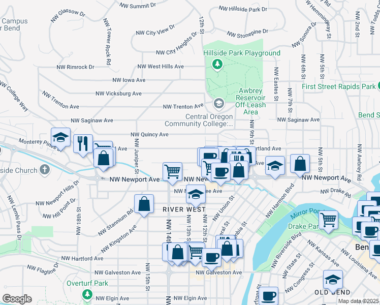 map of restaurants, bars, coffee shops, grocery stores, and more near 1259 Northwest Portland Avenue in Bend
