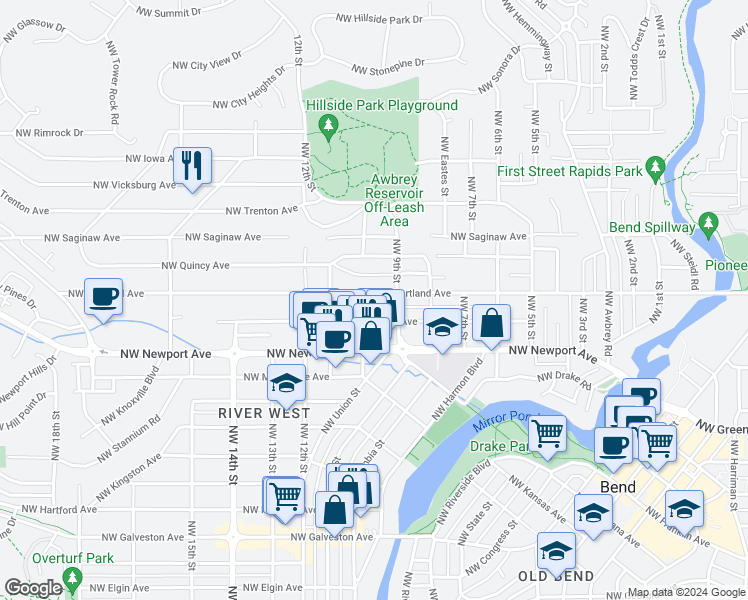 map of restaurants, bars, coffee shops, grocery stores, and more near 951 Northwest Portland Avenue in Bend