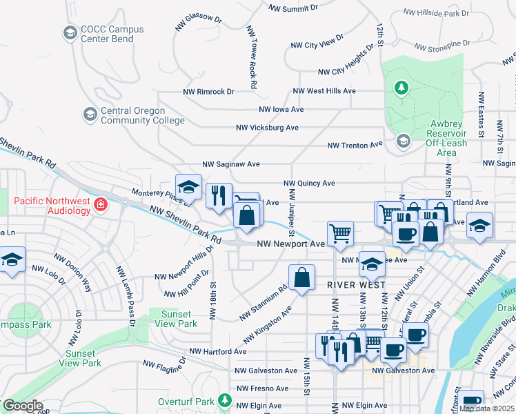 map of restaurants, bars, coffee shops, grocery stores, and more near 1597 Northwest Portland Avenue in Bend