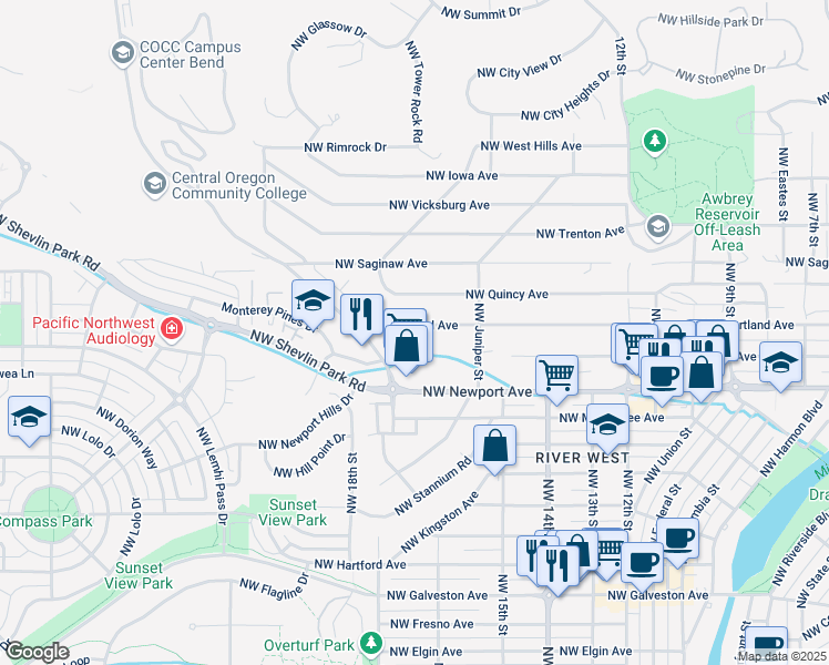 map of restaurants, bars, coffee shops, grocery stores, and more near 1597 Northwest Portland Avenue in Bend