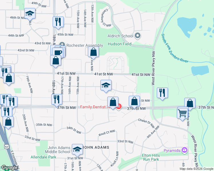map of restaurants, bars, coffee shops, grocery stores, and more near 1107 40th Street Northwest in Rochester
