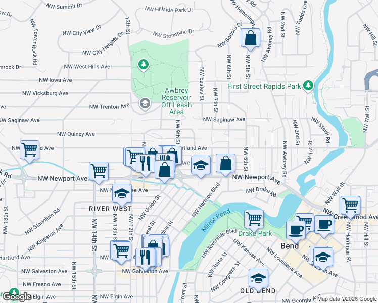 map of restaurants, bars, coffee shops, grocery stores, and more near 825 Northwest Portland Avenue in Bend