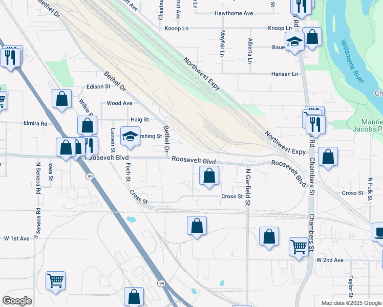 map of restaurants, bars, coffee shops, grocery stores, and more near 2209 Roosevelt Boulevard in Eugene