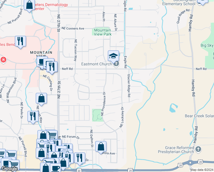 map of restaurants, bars, coffee shops, grocery stores, and more near 1386 Northeast Providence Drive in Bend