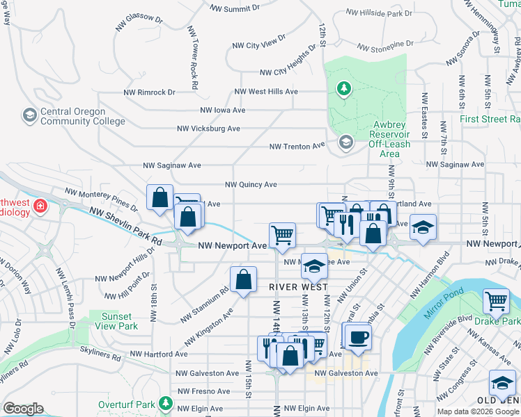 map of restaurants, bars, coffee shops, grocery stores, and more near 1445 Northwest Portland Avenue in Bend