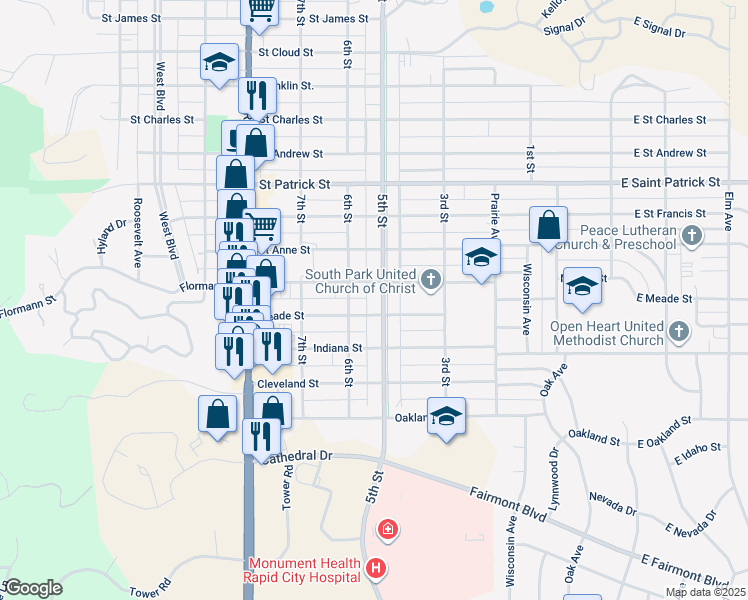 map of restaurants, bars, coffee shops, grocery stores, and more near 2215 5th Street in Rapid City