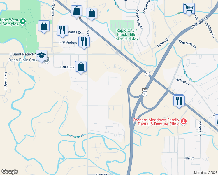 map of restaurants, bars, coffee shops, grocery stores, and more near 2816 Eden Lane in Rapid City
