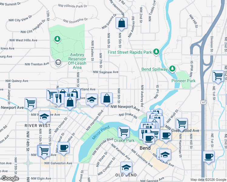 map of restaurants, bars, coffee shops, grocery stores, and more near 533 Northwest Portland Avenue in Bend