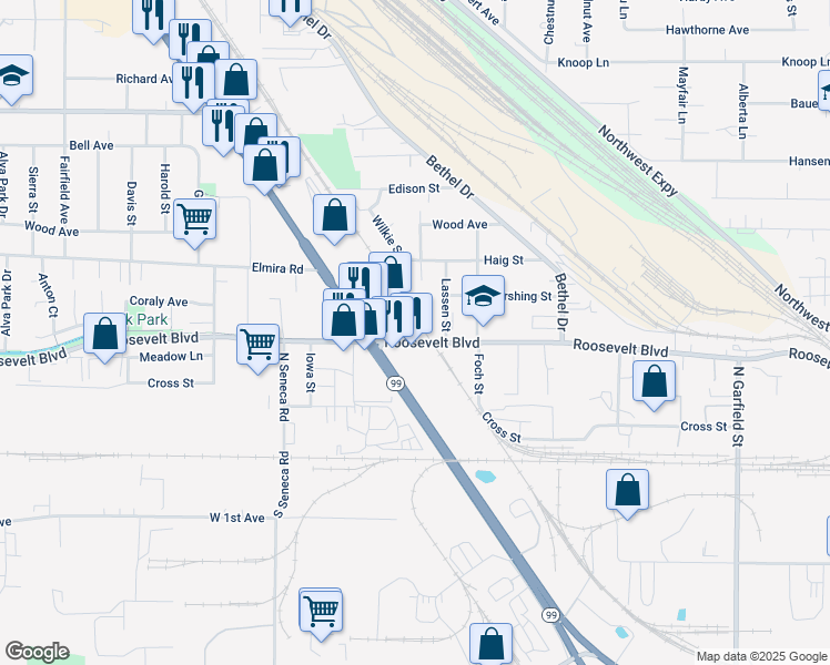 map of restaurants, bars, coffee shops, grocery stores, and more near 2633 Roosevelt Boulevard in Eugene