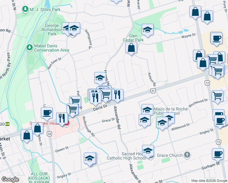 map of restaurants, bars, coffee shops, grocery stores, and more near 102 Eastman Crescent in Newmarket