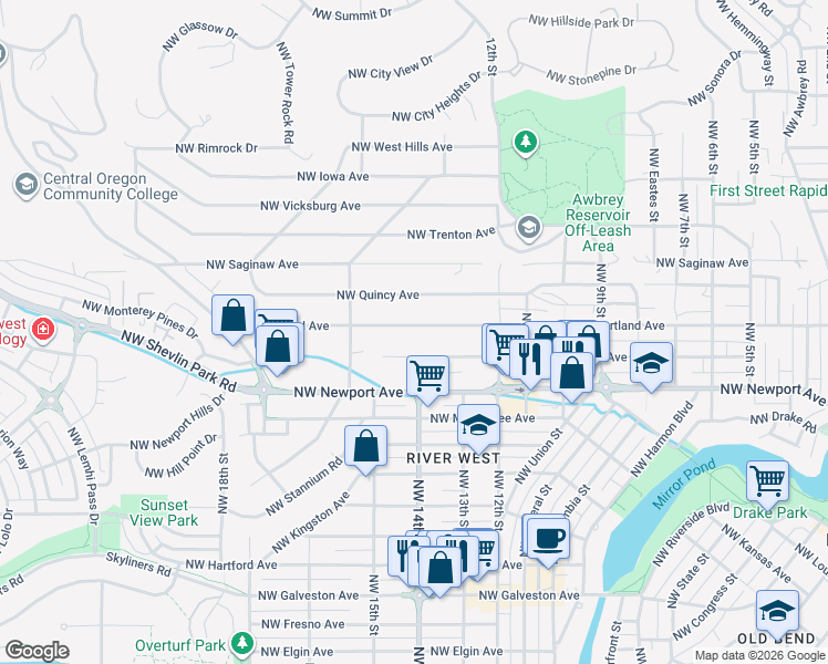 map of restaurants, bars, coffee shops, grocery stores, and more near 1409 Northwest Portland Avenue in Bend