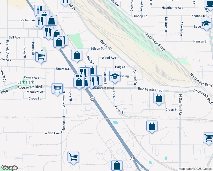map of restaurants, bars, coffee shops, grocery stores, and more near 7 Lassen Street in Eugene