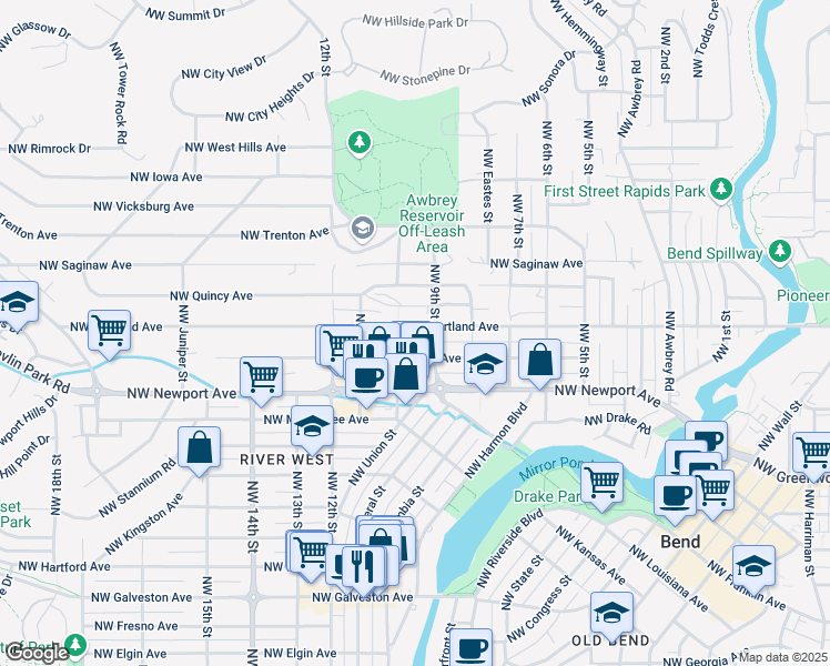 map of restaurants, bars, coffee shops, grocery stores, and more near 1536 Northwest 10th Street in Bend