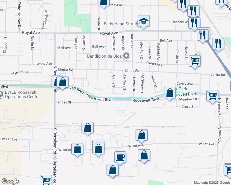 map of restaurants, bars, coffee shops, grocery stores, and more near 250 La Casa Street in Eugene