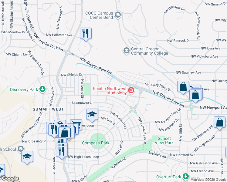 map of restaurants, bars, coffee shops, grocery stores, and more near in Bend