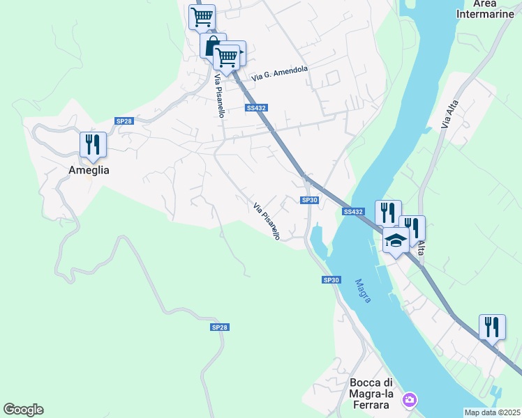 map of restaurants, bars, coffee shops, grocery stores, and more near 175 Via Pisanello in Ameglia
