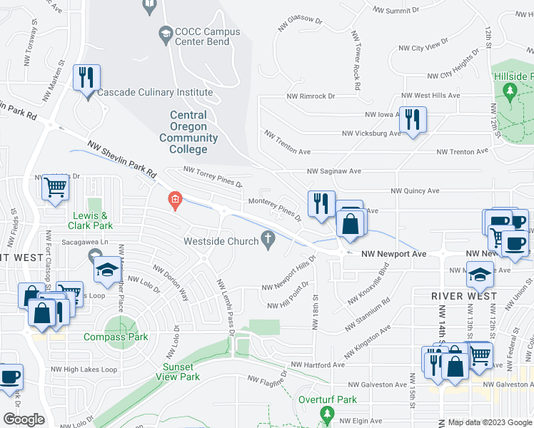 map of restaurants, bars, coffee shops, grocery stores, and more near 1941 Northwest Monterey Pines Drive in Bend