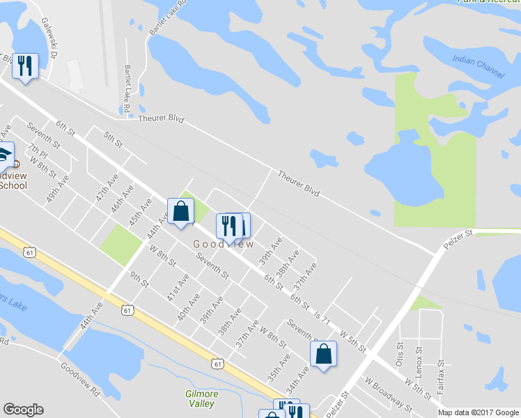 map of restaurants, bars, coffee shops, grocery stores, and more near 4030 Fourth Street in Goodview