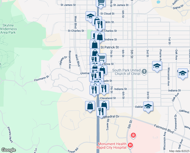 map of restaurants, bars, coffee shops, grocery stores, and more near 2209 Mount Rushmore Road in Rapid City