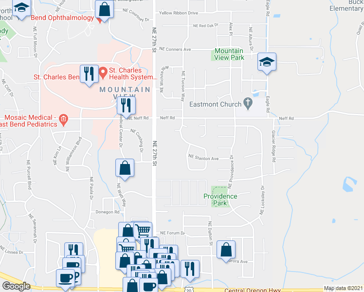 map of restaurants, bars, coffee shops, grocery stores, and more near 1409 Northeast Tucson Way in Bend