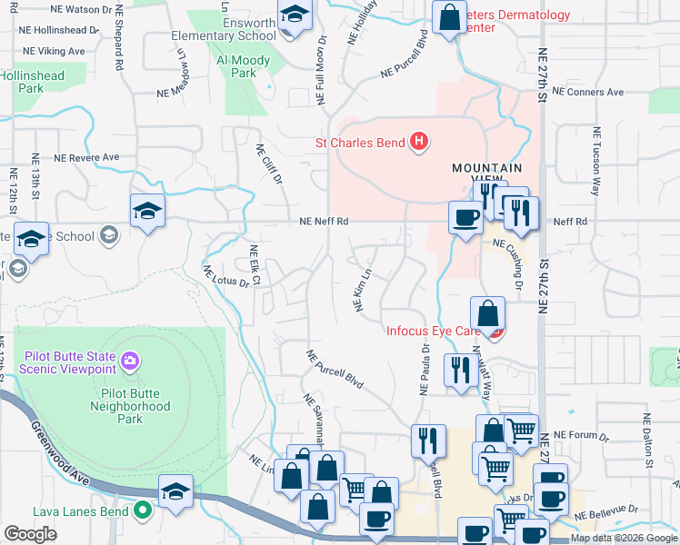 map of restaurants, bars, coffee shops, grocery stores, and more near 1418 Northeast Whisper Ridge Drive in Bend