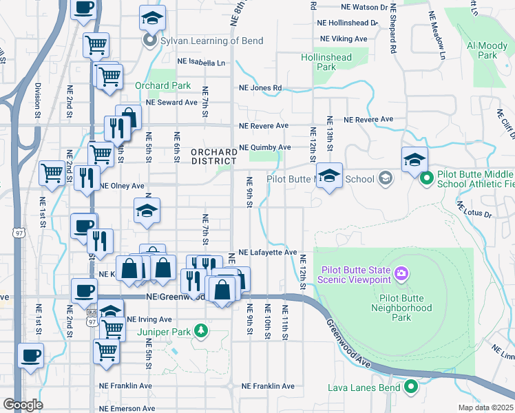map of restaurants, bars, coffee shops, grocery stores, and more near 1404 Northeast 10th Street in Bend