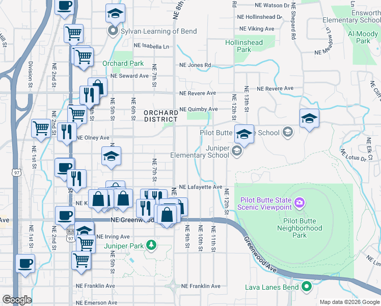 map of restaurants, bars, coffee shops, grocery stores, and more near in Bend