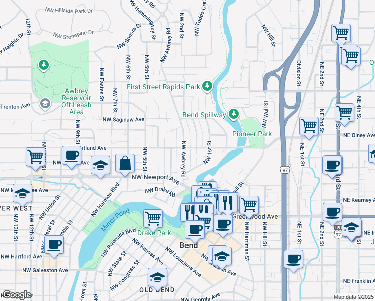 map of restaurants, bars, coffee shops, grocery stores, and more near 1594 Northwest Awbrey Road in Bend