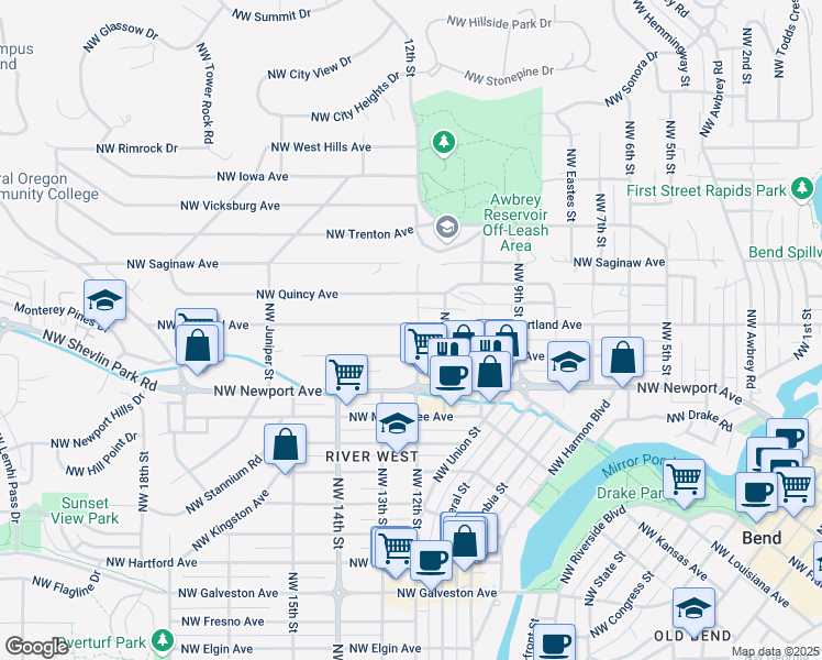 map of restaurants, bars, coffee shops, grocery stores, and more near 1205 Northwest Portland Avenue in Bend