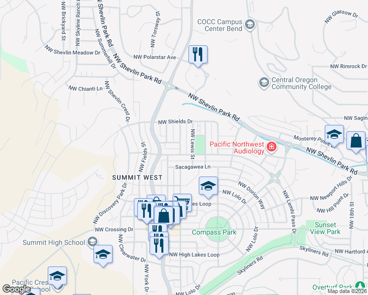 map of restaurants, bars, coffee shops, grocery stores, and more near 2605 North West Bratton Lane in Bend