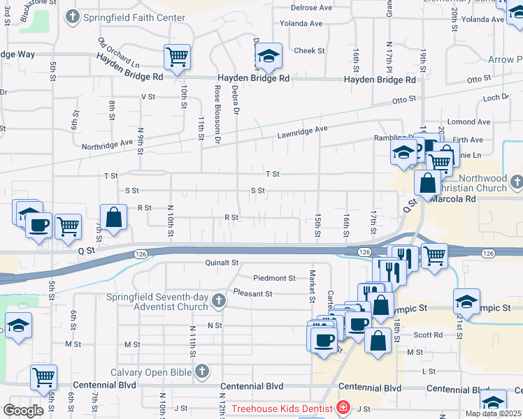 map of restaurants, bars, coffee shops, grocery stores, and more near 1332 R Street in Springfield