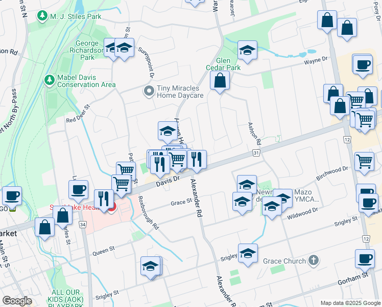 map of restaurants, bars, coffee shops, grocery stores, and more near 102 Eastman Crescent in Newmarket