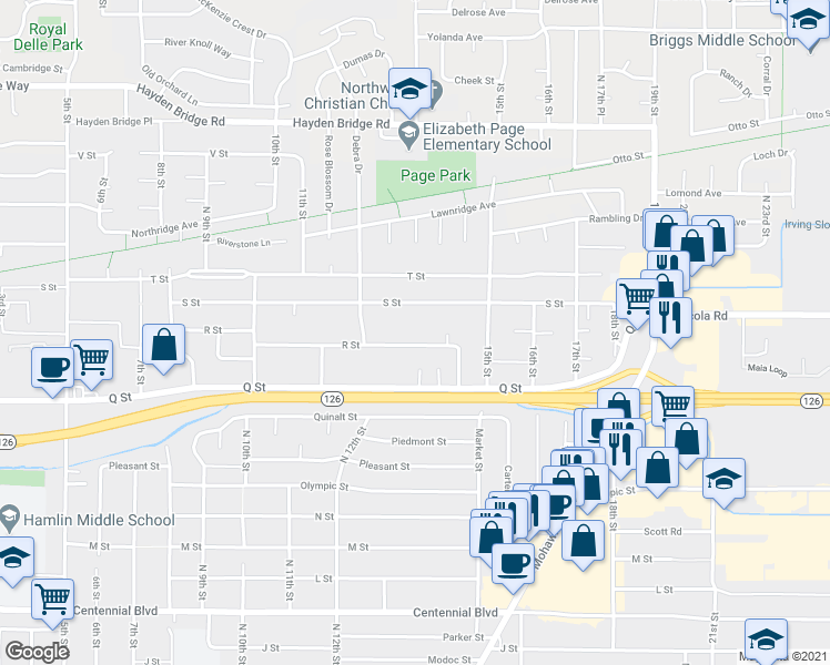 map of restaurants, bars, coffee shops, grocery stores, and more near 1332 R Street in Springfield