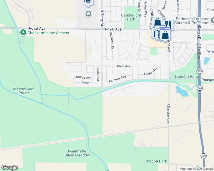map of restaurants, bars, coffee shops, grocery stores, and more near 4970 Parsons Avenue in Eugene