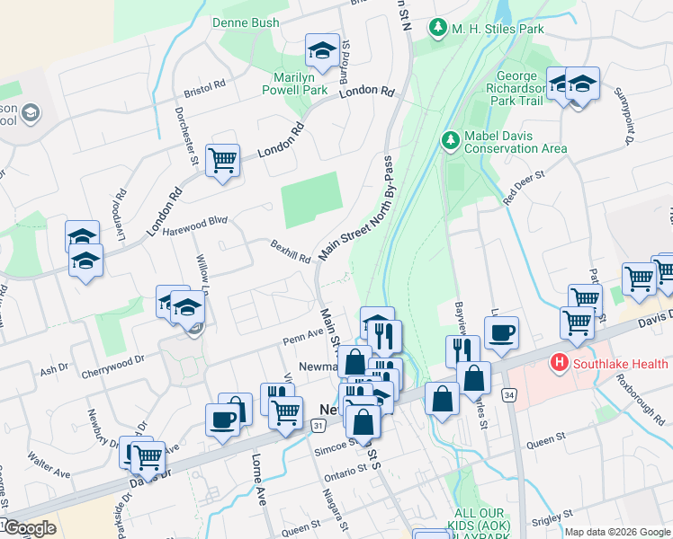 map of restaurants, bars, coffee shops, grocery stores, and more near 155 Main Street North in Newmarket