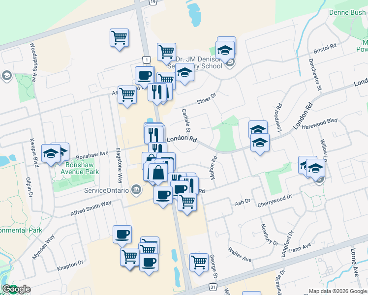 map of restaurants, bars, coffee shops, grocery stores, and more near 39 Portland Crescent in Newmarket