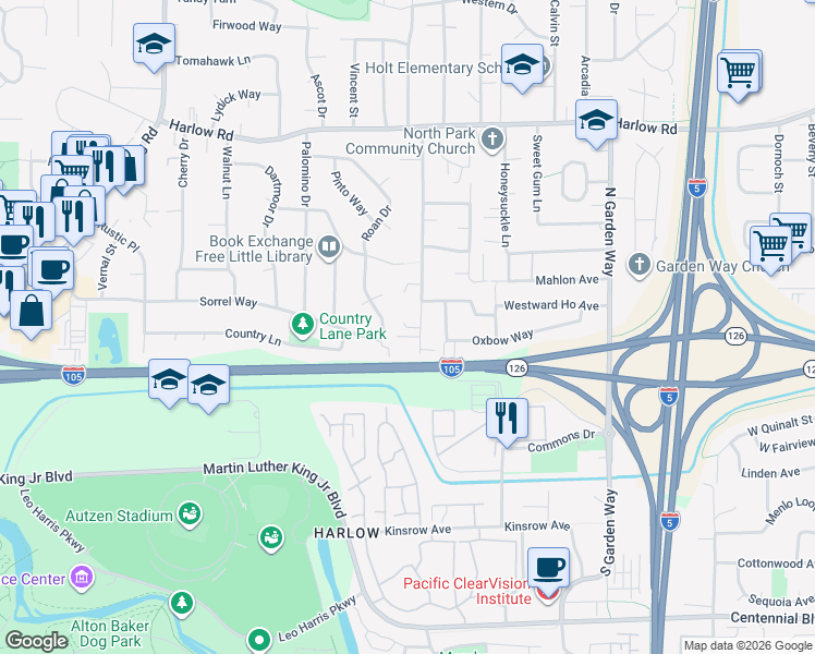 map of restaurants, bars, coffee shops, grocery stores, and more near 164 Sunshine Acres Drive in Eugene