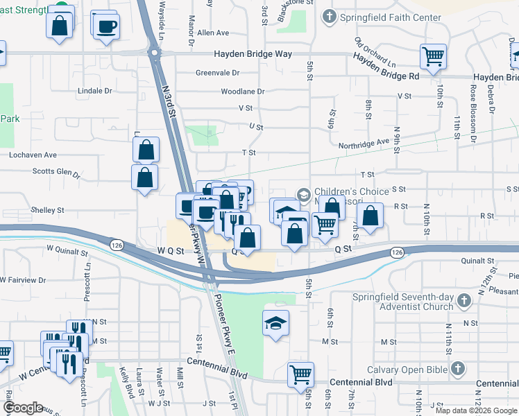 map of restaurants, bars, coffee shops, grocery stores, and more near 243 R Street in Springfield