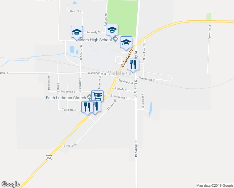 map of restaurants, bars, coffee shops, grocery stores, and more near 158 East Roosevelt Street in Valders