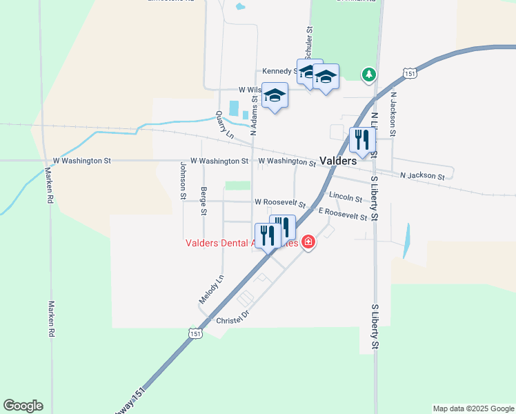 map of restaurants, bars, coffee shops, grocery stores, and more near 415 S Adams St in Valders