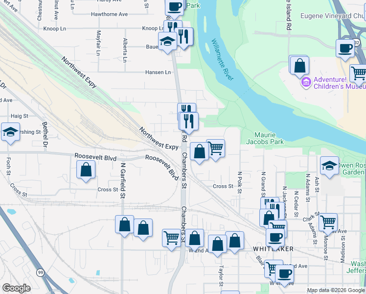 map of restaurants, bars, coffee shops, grocery stores, and more near 265 River Road in Eugene