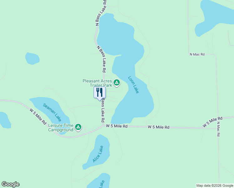 map of restaurants, bars, coffee shops, grocery stores, and more near 5212 North Bass Lake Road in Irons