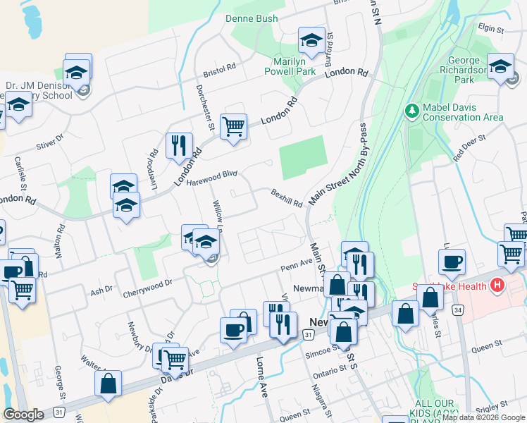 map of restaurants, bars, coffee shops, grocery stores, and more near 367 Harewood Boulevard in Newmarket