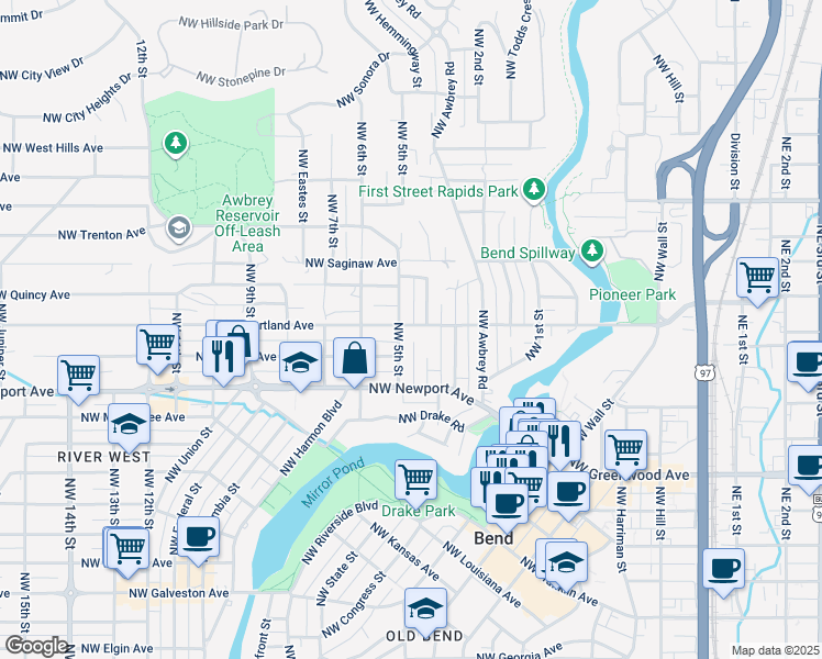 map of restaurants, bars, coffee shops, grocery stores, and more near 427 Northwest Portland Avenue in Bend